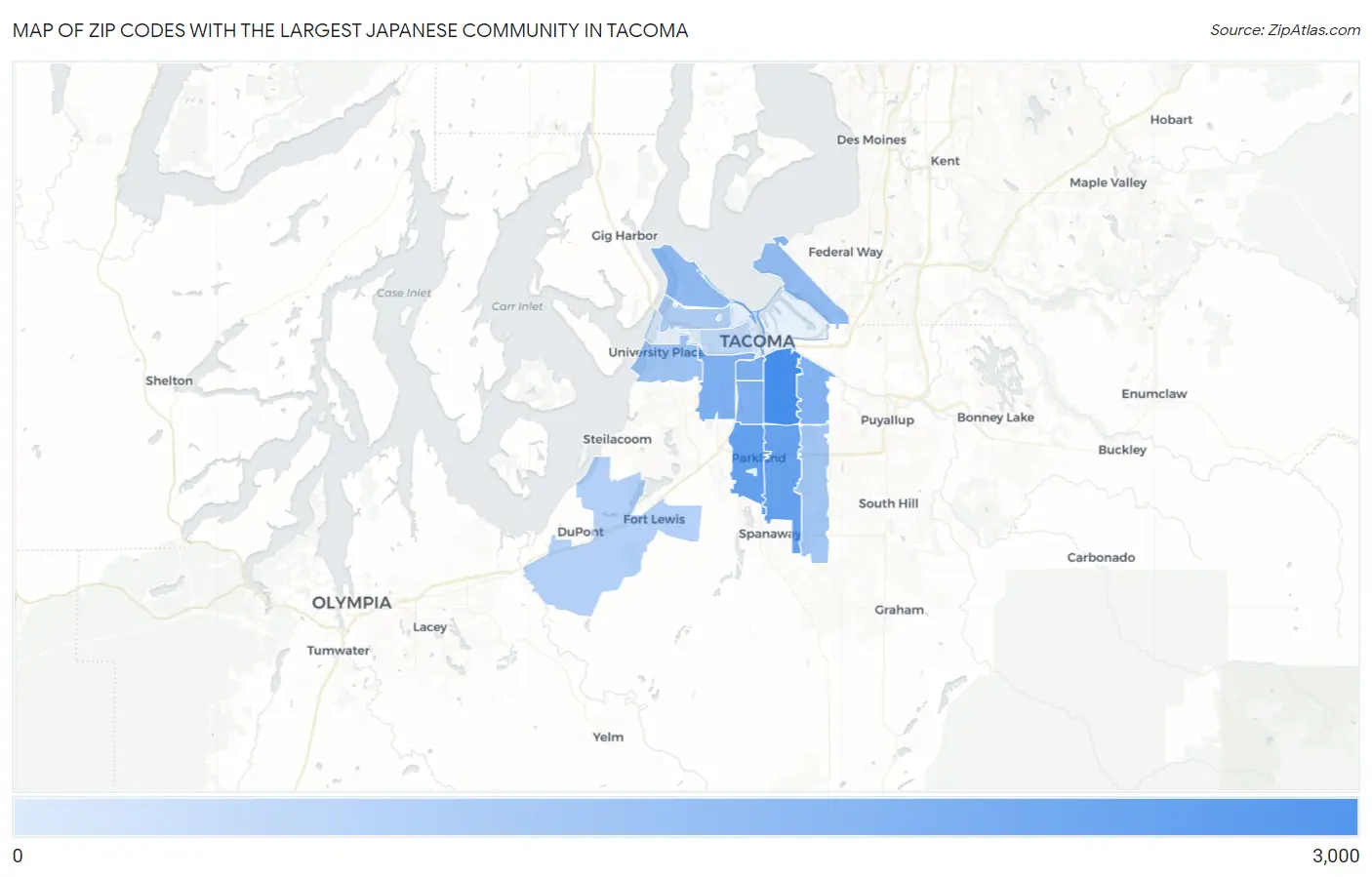 Zip Codes with the Largest Japanese Community in Tacoma Map