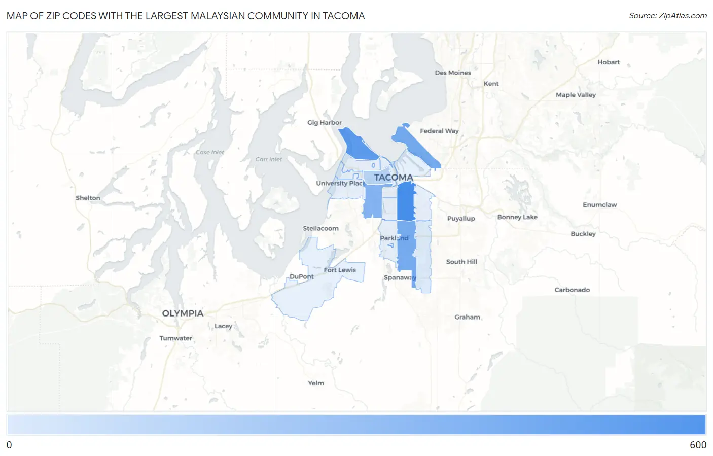 Zip Codes with the Largest Malaysian Community in Tacoma Map