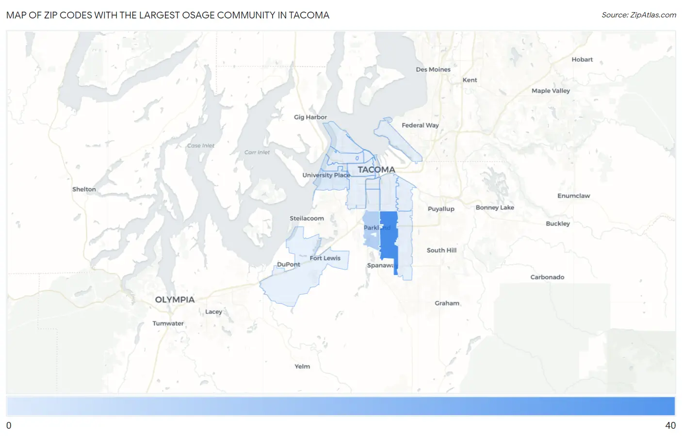 Zip Codes with the Largest Osage Community in Tacoma Map