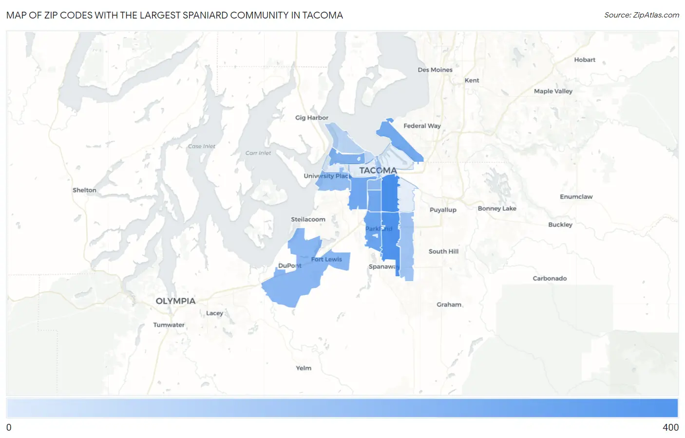 Zip Codes with the Largest Spaniard Community in Tacoma Map