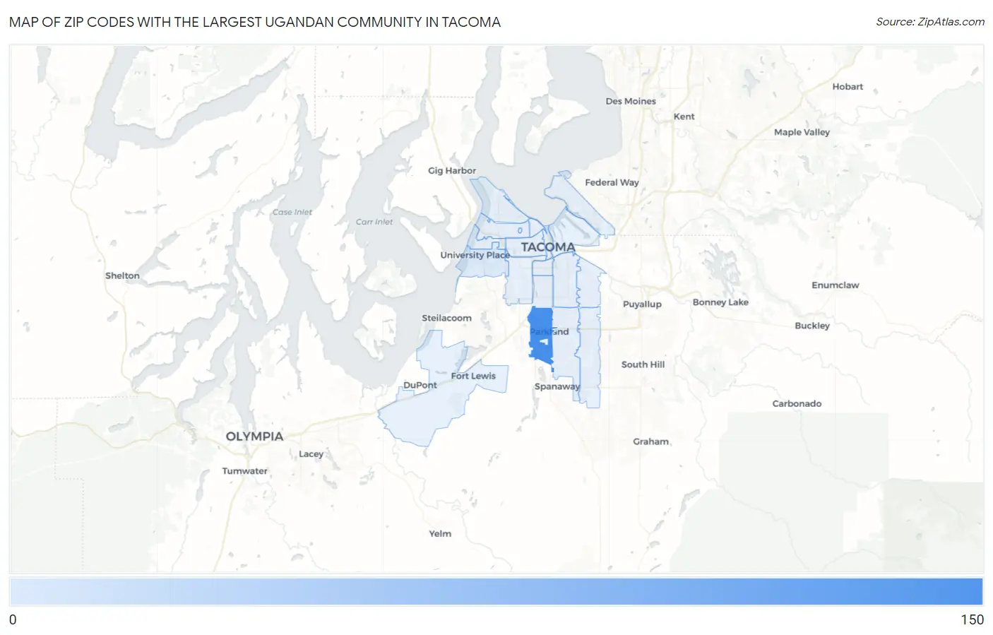 Zip Codes with the Largest Ugandan Community in Tacoma Map