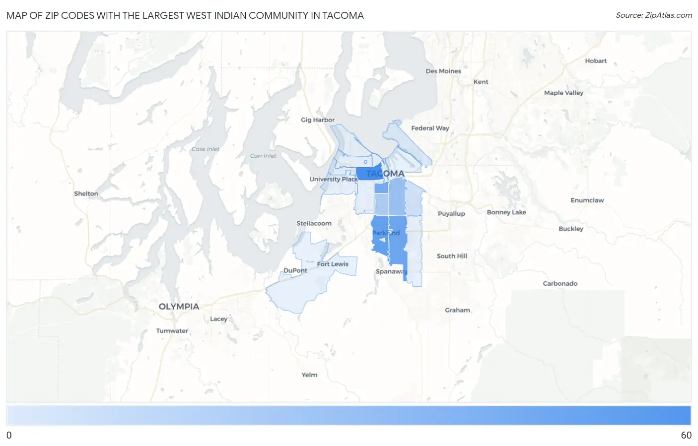 Zip Codes with the Largest West Indian Community in Tacoma Map