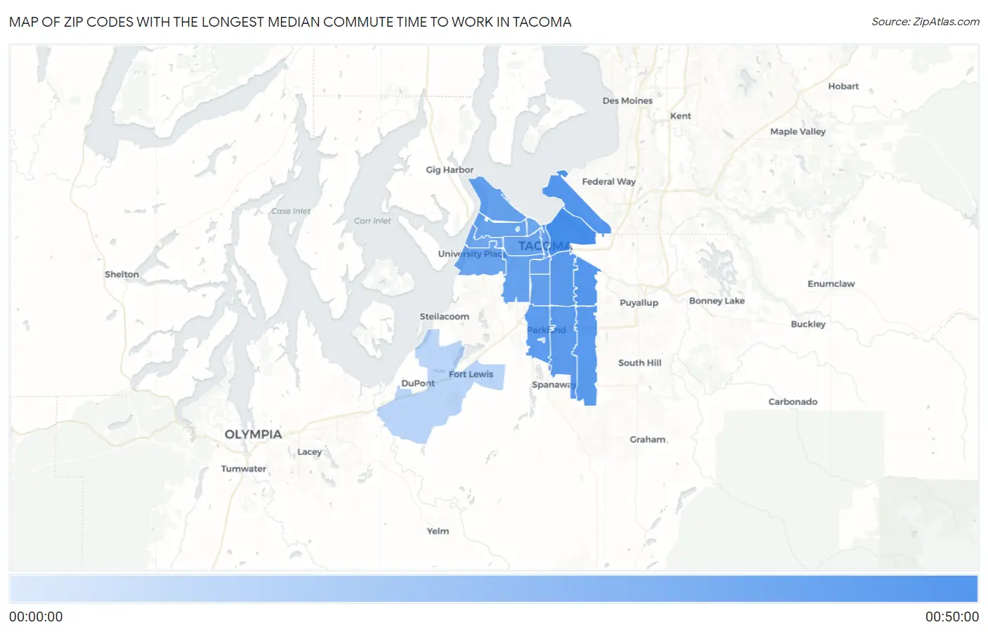 Zip Codes with the Longest Median Commute Time to Work in Tacoma Map