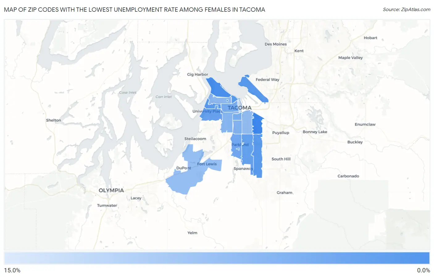 Zip Codes with the Lowest Unemployment Rate Among Females in Tacoma Map