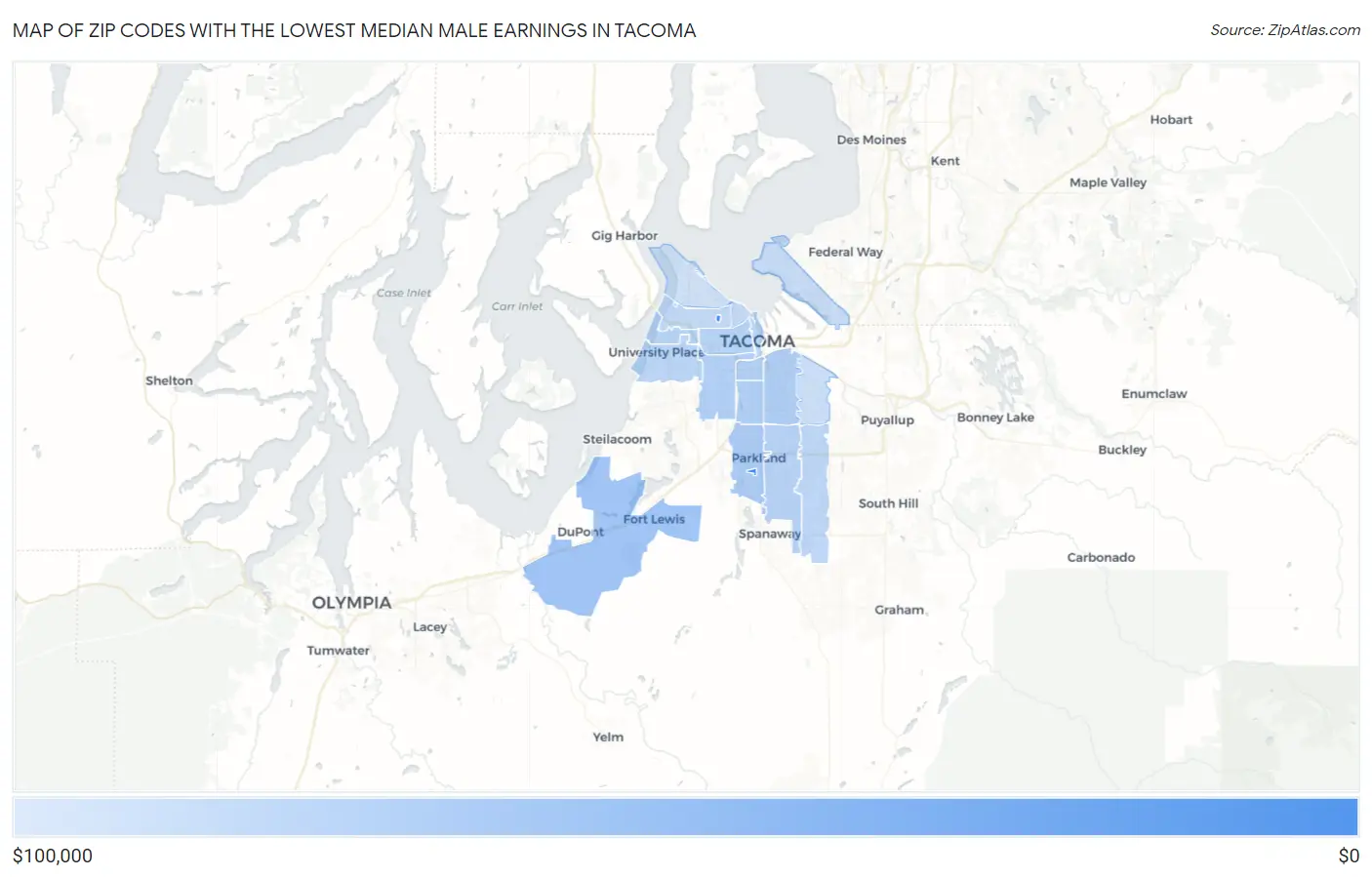 Zip Codes with the Lowest Median Male Earnings in Tacoma Map