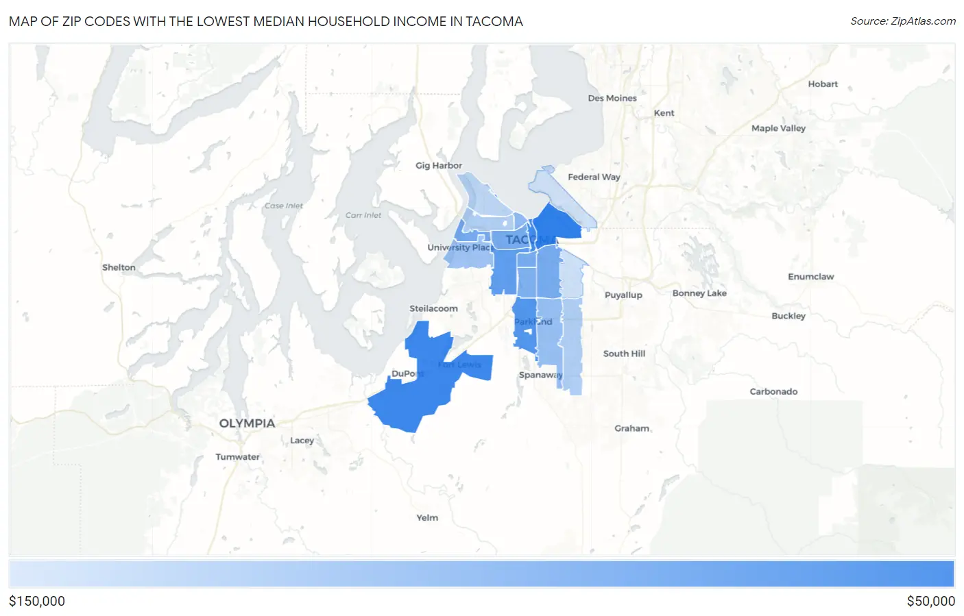 Zip Codes with the Lowest Median Household Income in Tacoma Map