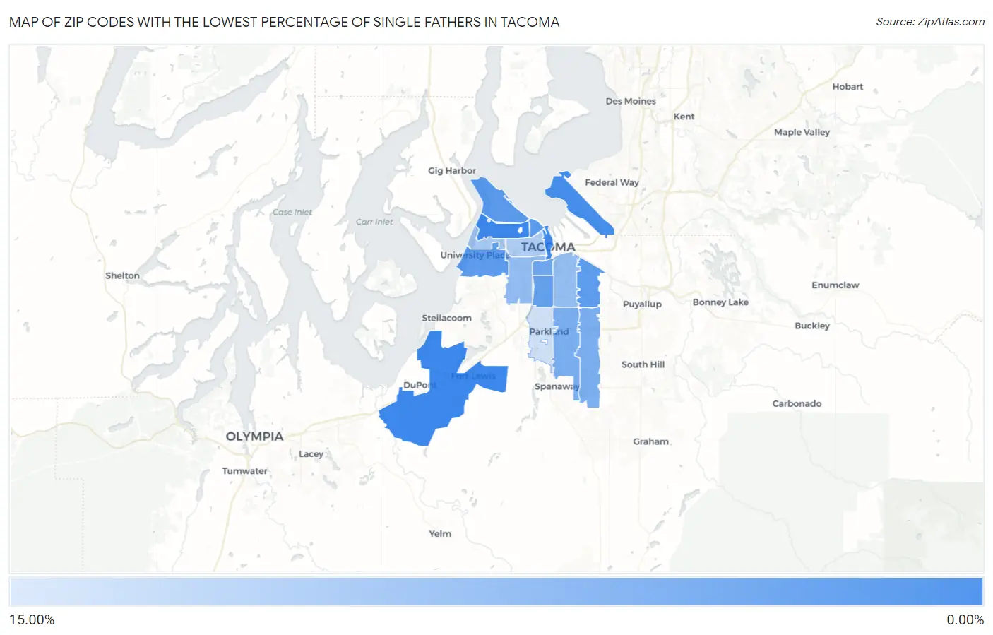 Zip Codes with the Lowest Percentage of Single Fathers in Tacoma Map