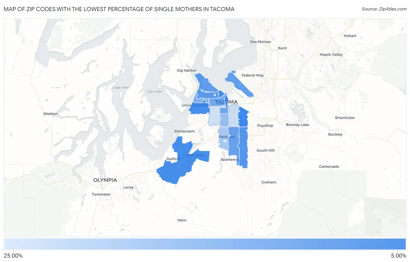 Zip Codes with the Lowest Percentage of Single Mothers in Tacoma Map