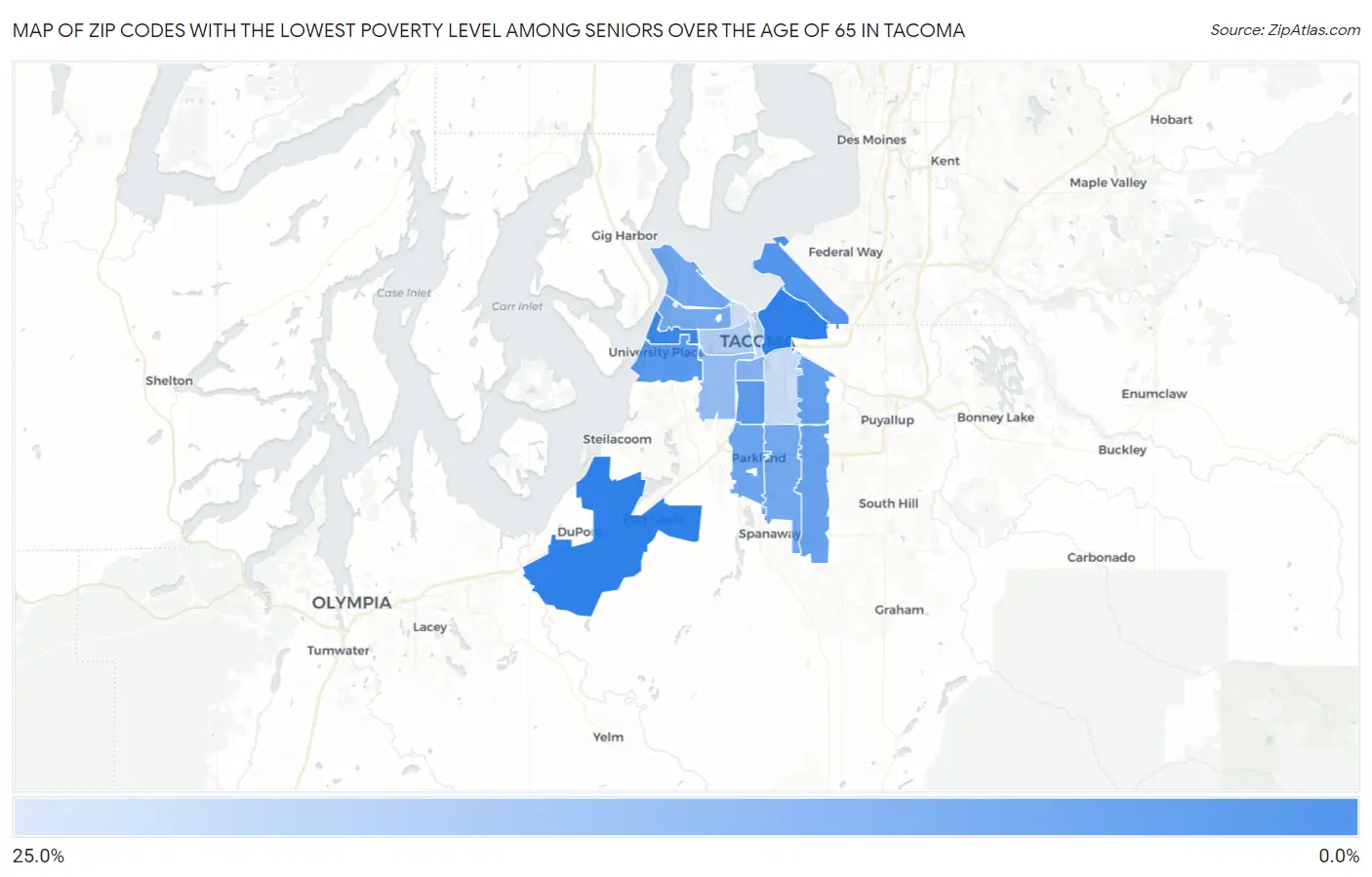 Zip Codes with the Lowest Poverty Level Among Seniors Over the Age of 65 in Tacoma Map