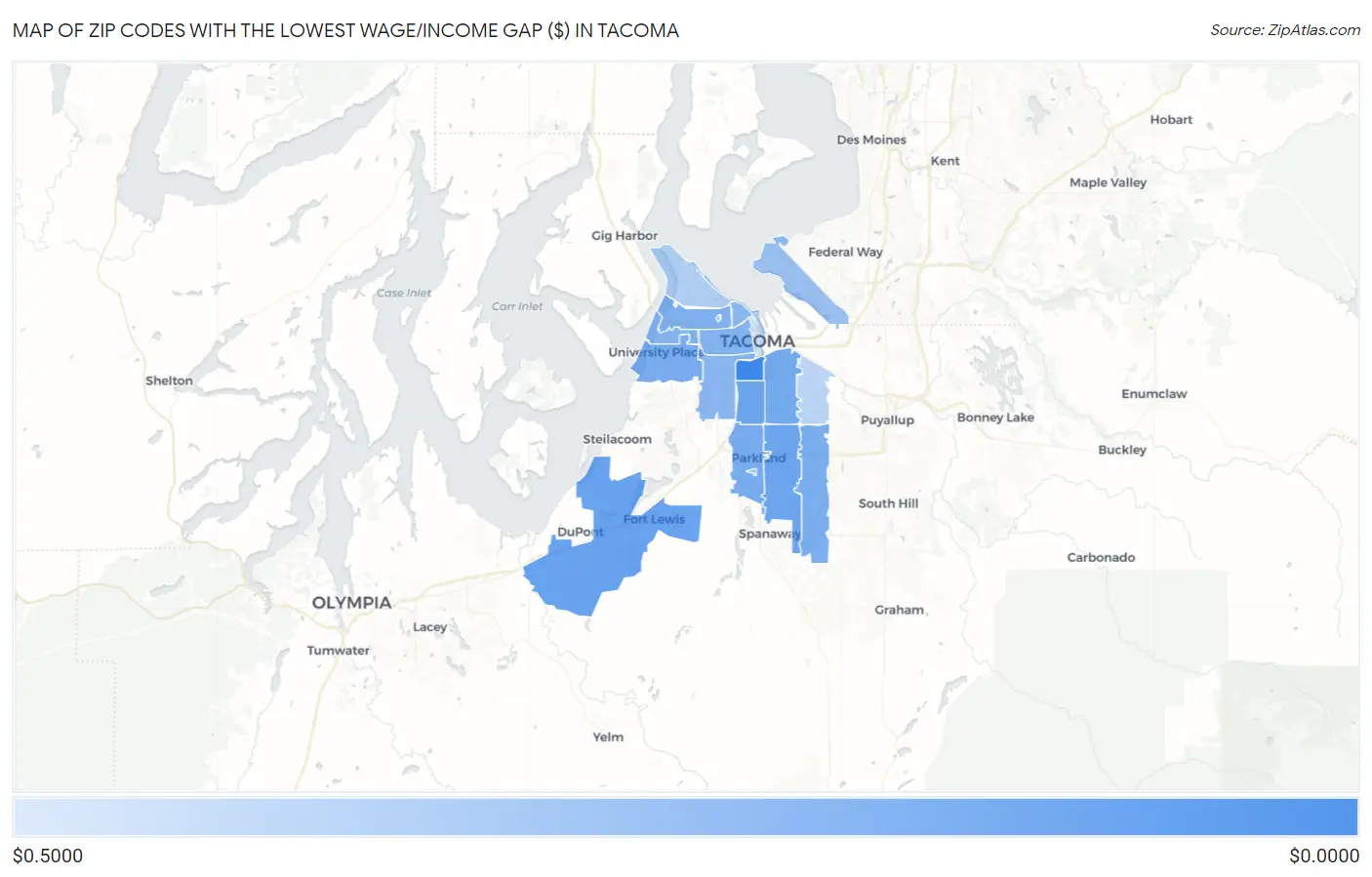 Zip Codes with the Lowest Wage/Income Gap ($) in Tacoma Map