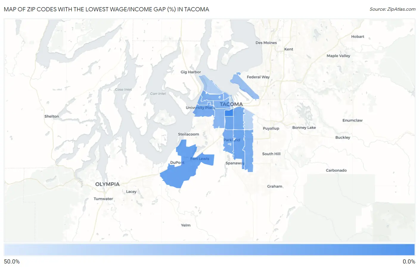 Zip Codes with the Lowest Wage/Income Gap (%) in Tacoma Map