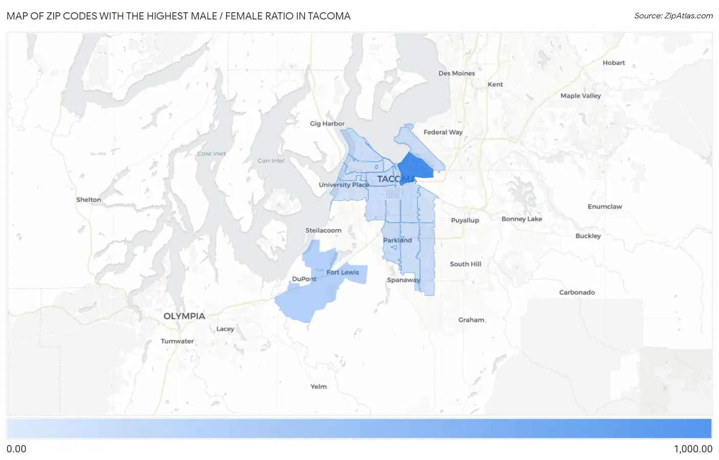 Zip Codes with the Highest Male / Female Ratio in Tacoma Map