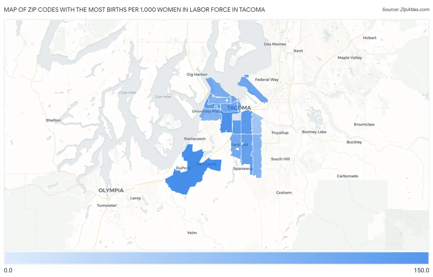 Zip Codes with the Most Births per 1,000 Women in Labor Force in Tacoma Map