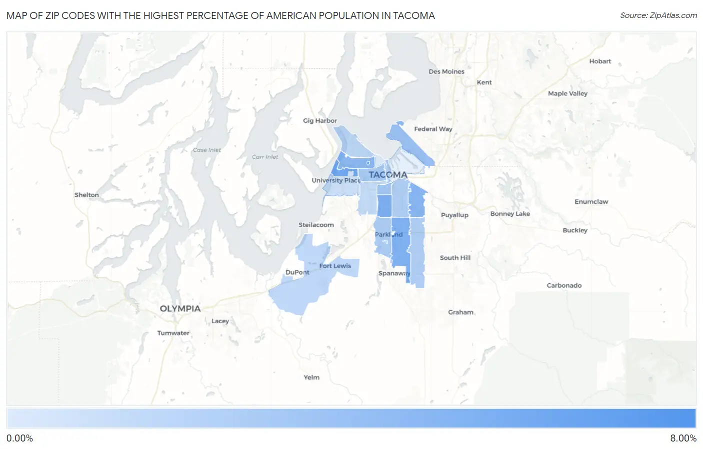 Zip Codes with the Highest Percentage of American Population in Tacoma Map