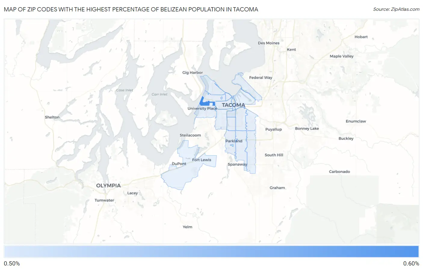 Zip Codes with the Highest Percentage of Belizean Population in Tacoma Map