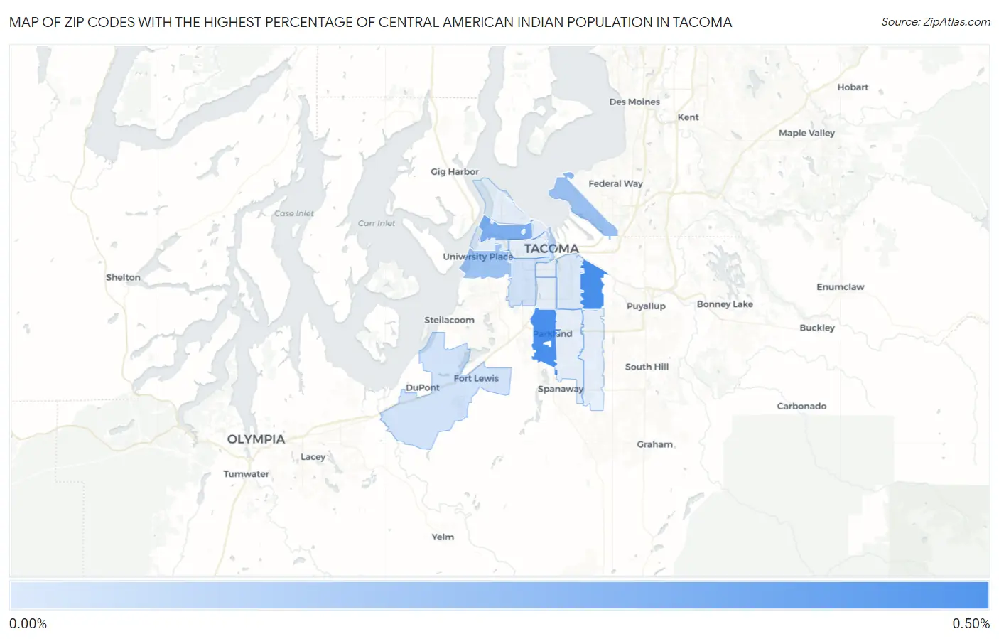 Zip Codes with the Highest Percentage of Central American Indian Population in Tacoma Map