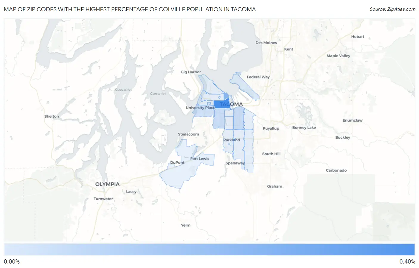 Zip Codes with the Highest Percentage of Colville Population in Tacoma Map