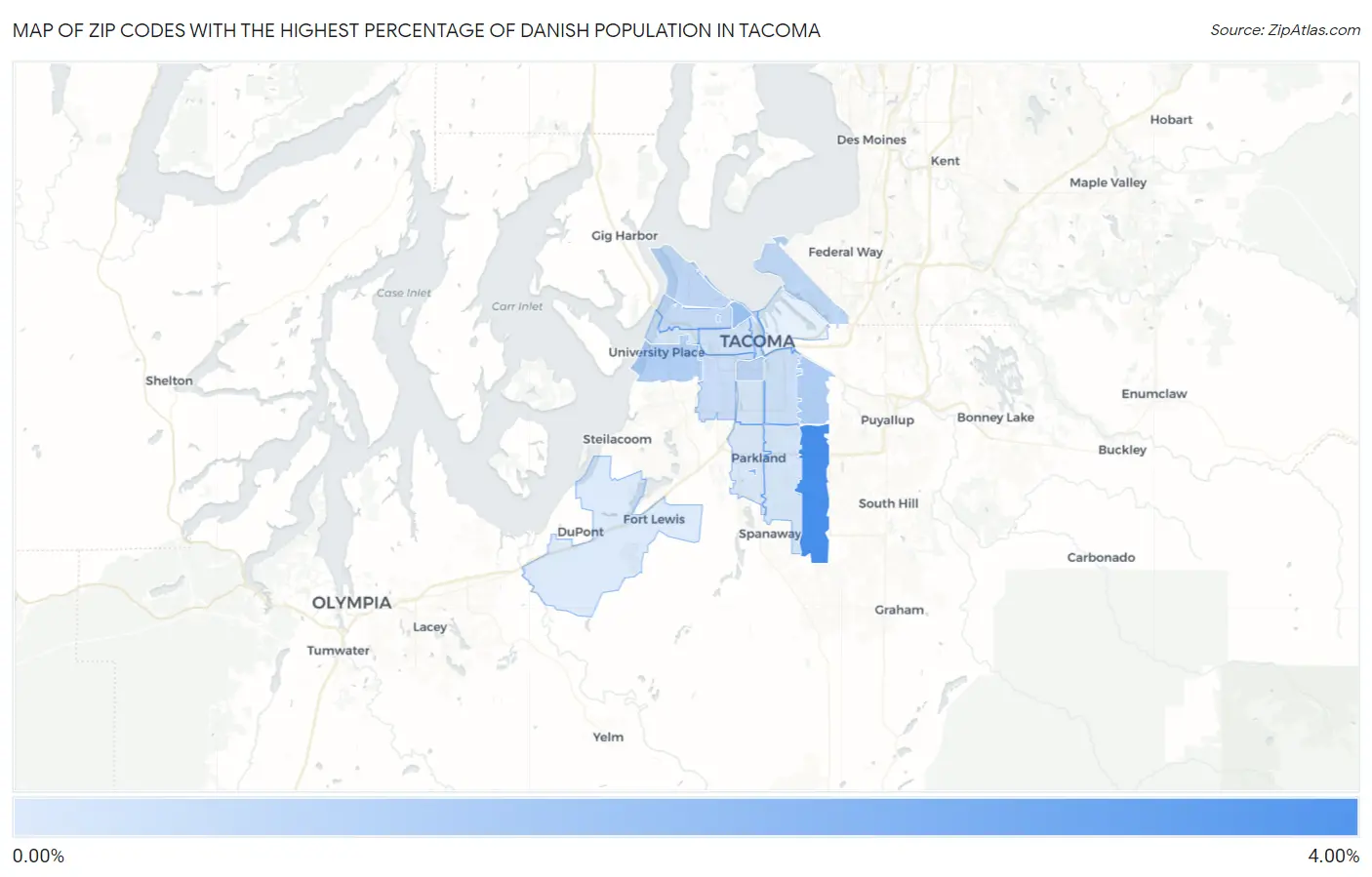 Zip Codes with the Highest Percentage of Danish Population in Tacoma Map