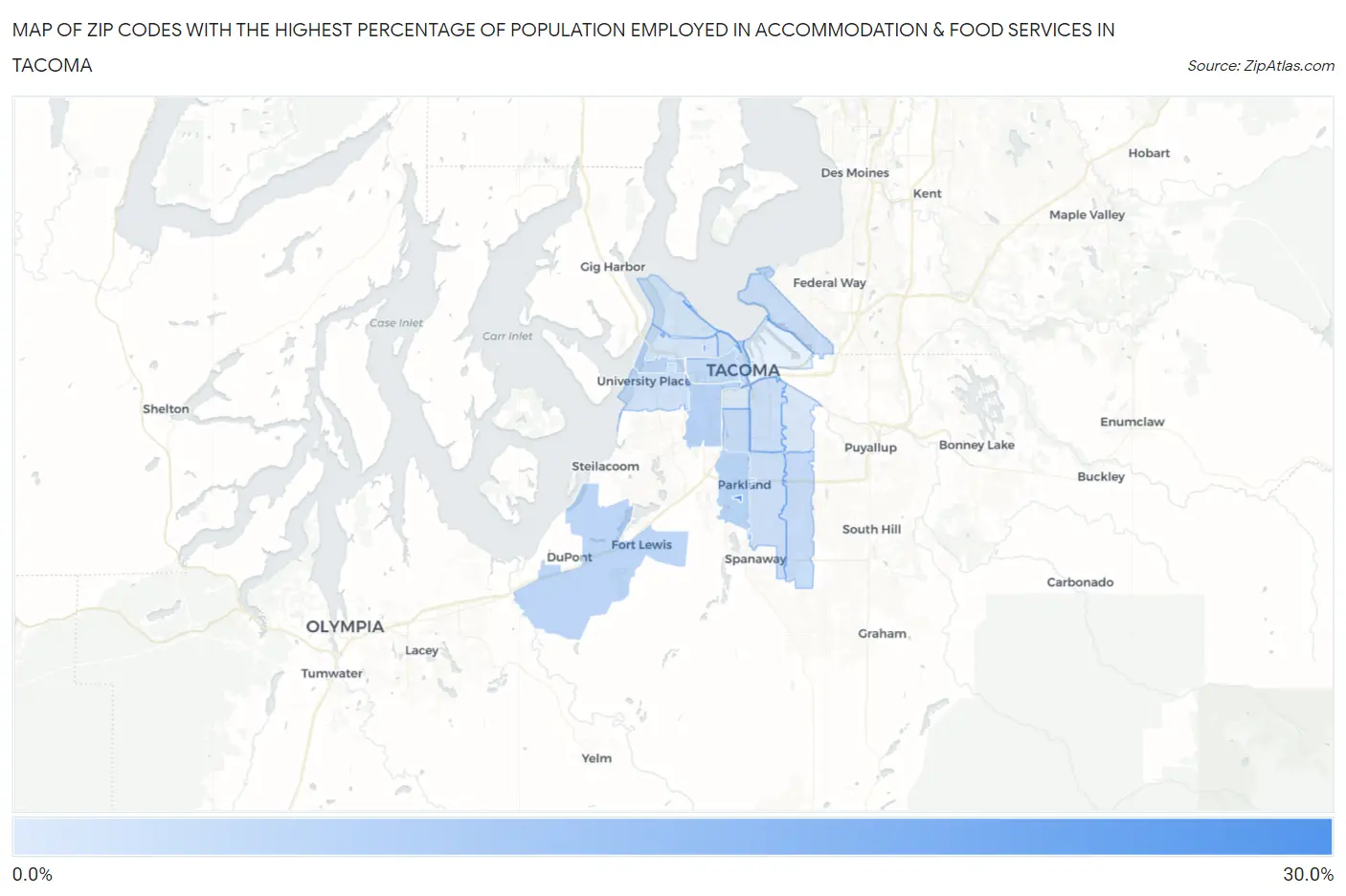 Zip Codes with the Highest Percentage of Population Employed in Accommodation & Food Services in Tacoma Map