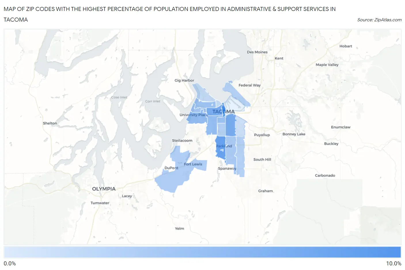 Zip Codes with the Highest Percentage of Population Employed in Administrative & Support Services in Tacoma Map