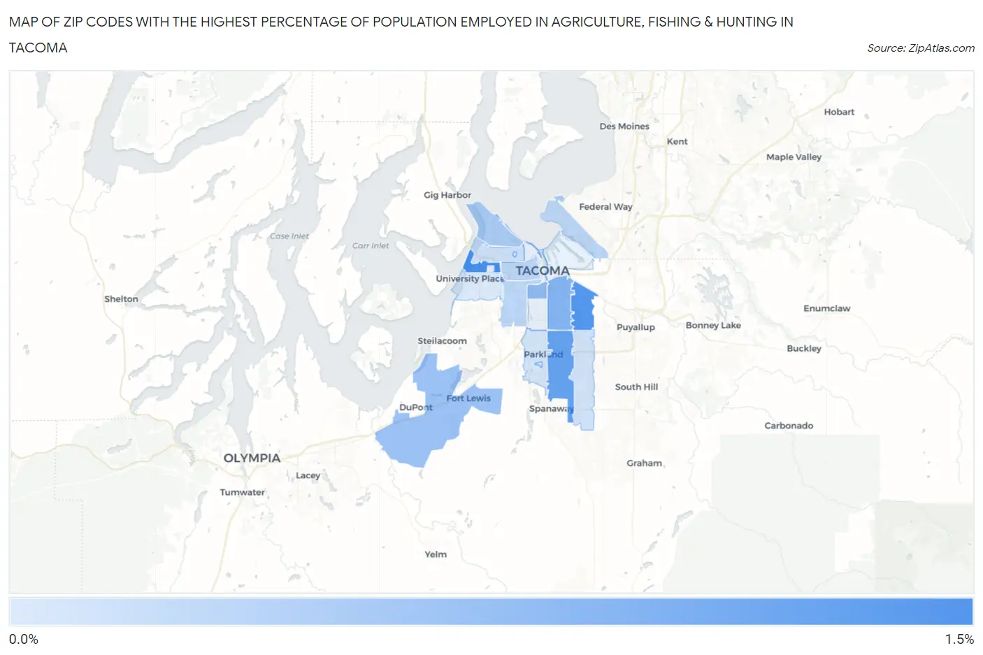 Zip Codes with the Highest Percentage of Population Employed in Agriculture, Fishing & Hunting in Tacoma Map