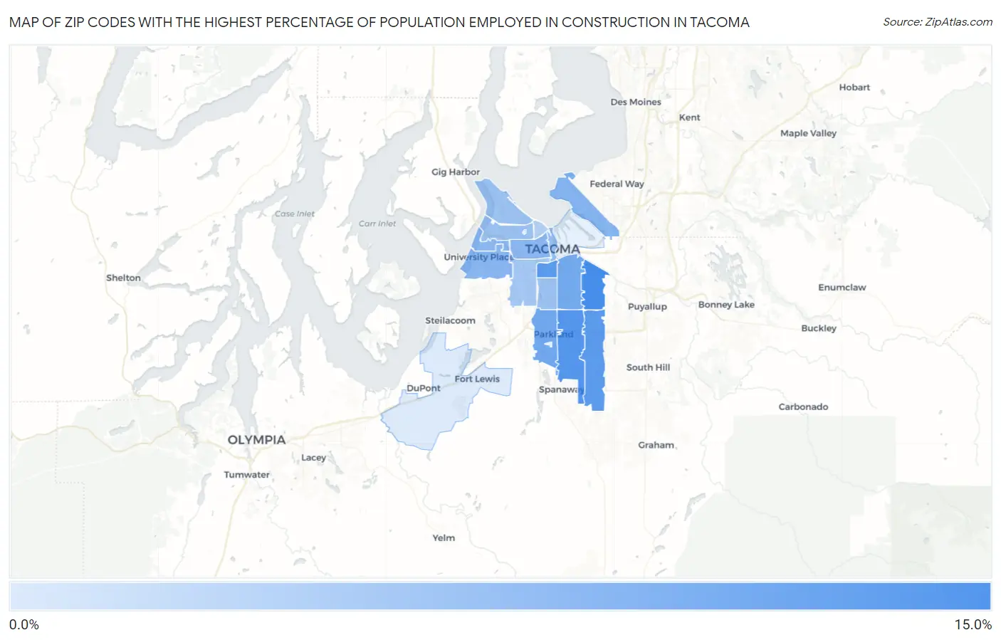 Zip Codes with the Highest Percentage of Population Employed in Construction in Tacoma Map