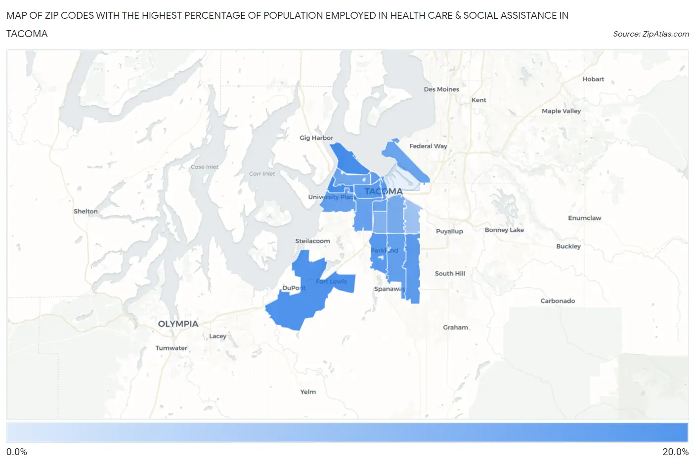Zip Codes with the Highest Percentage of Population Employed in Health Care & Social Assistance in Tacoma Map