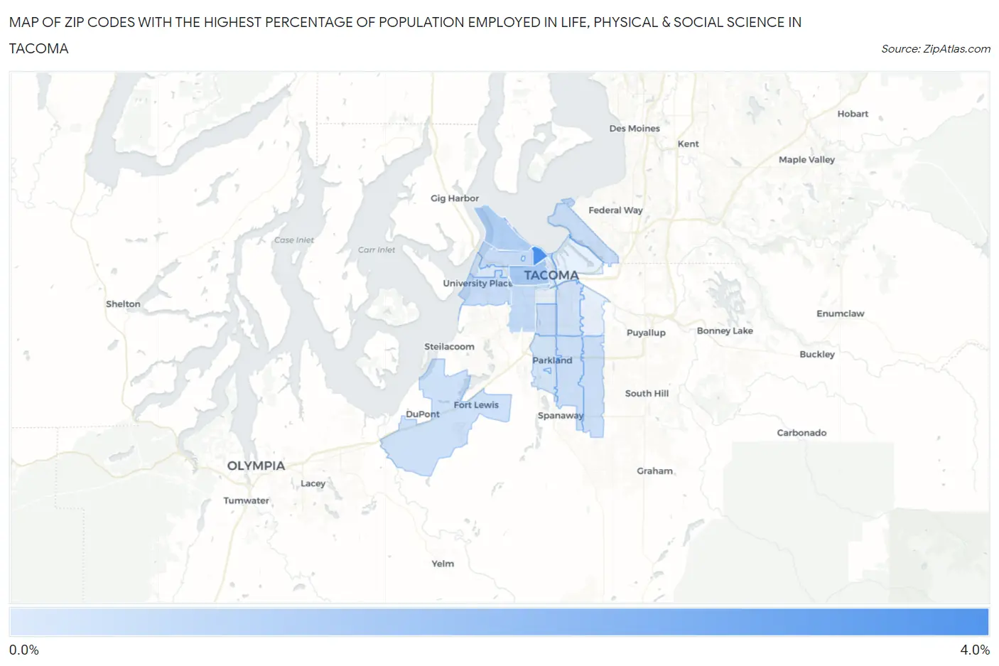 Zip Codes with the Highest Percentage of Population Employed in Life, Physical & Social Science in Tacoma Map