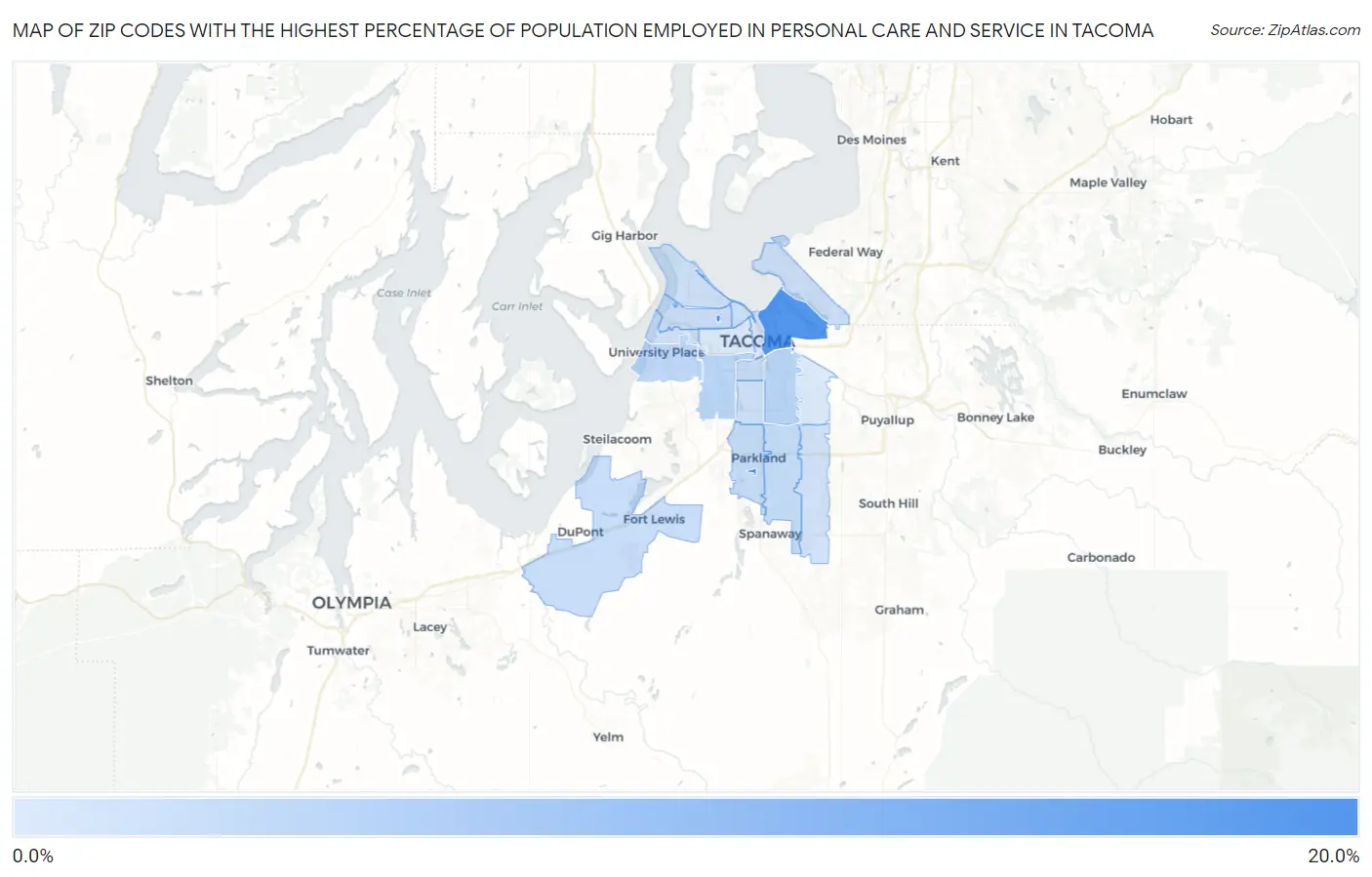 Zip Codes with the Highest Percentage of Population Employed in Personal Care and Service in Tacoma Map
