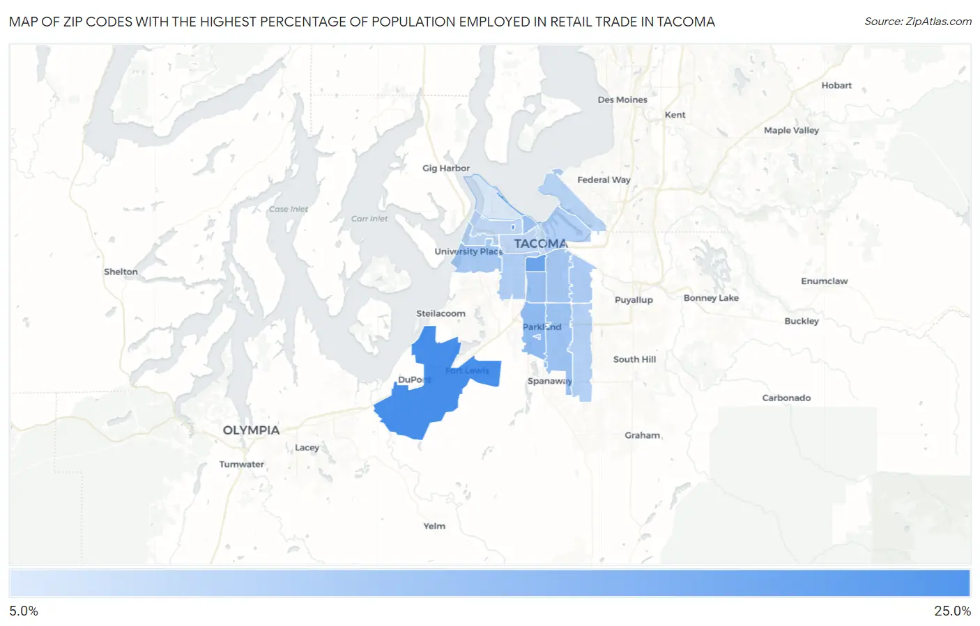 Zip Codes with the Highest Percentage of Population Employed in Retail Trade in Tacoma Map