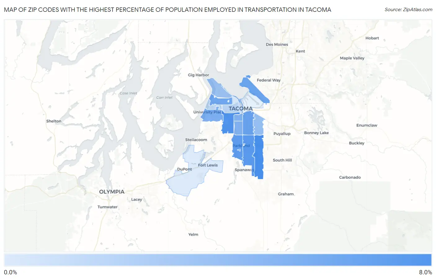 Zip Codes with the Highest Percentage of Population Employed in Transportation in Tacoma Map