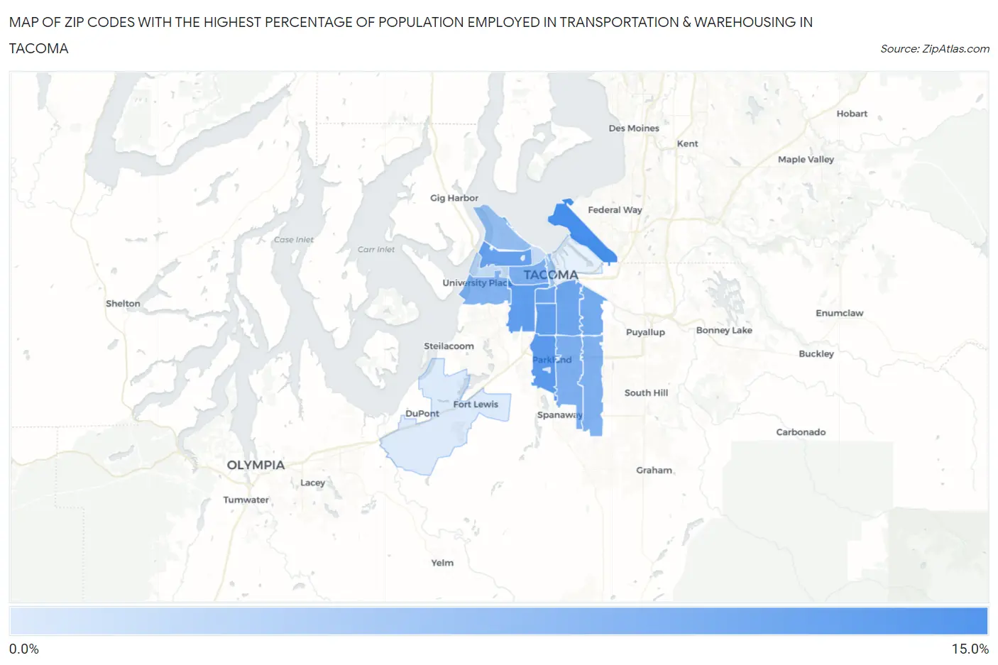 Zip Codes with the Highest Percentage of Population Employed in Transportation & Warehousing in Tacoma Map