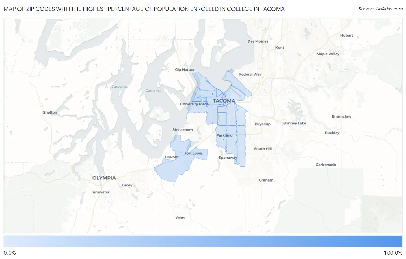 Zip Codes with the Highest Percentage of Population Enrolled in College in Tacoma Map