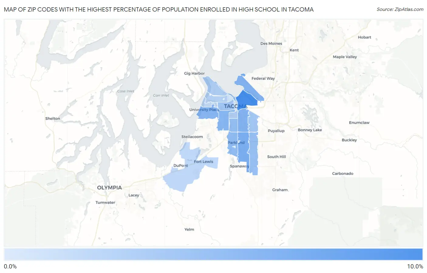 Zip Codes with the Highest Percentage of Population Enrolled in High School in Tacoma Map