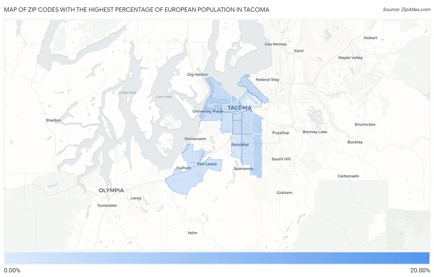 Zip Codes with the Highest Percentage of European Population in Tacoma Map