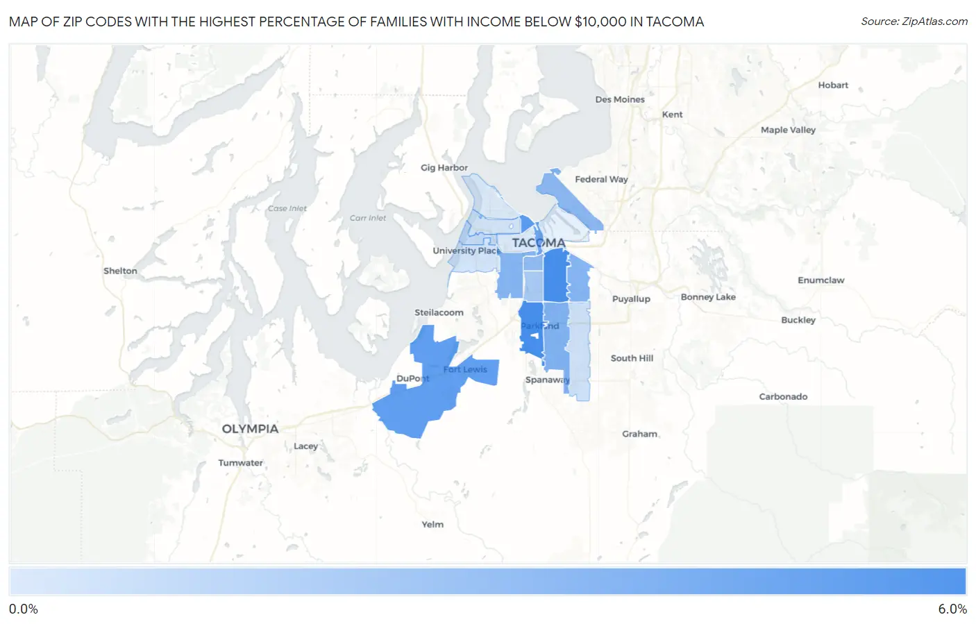 Zip Codes with the Highest Percentage of Families with Income Below $10,000 in Tacoma Map