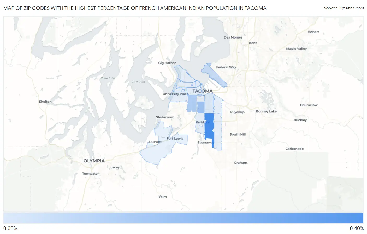 Zip Codes with the Highest Percentage of French American Indian Population in Tacoma Map