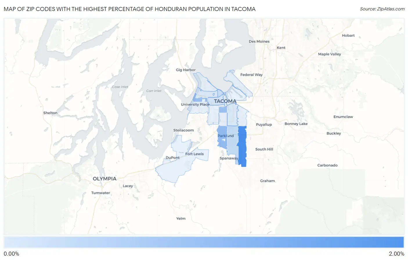 Zip Codes with the Highest Percentage of Honduran Population in Tacoma Map