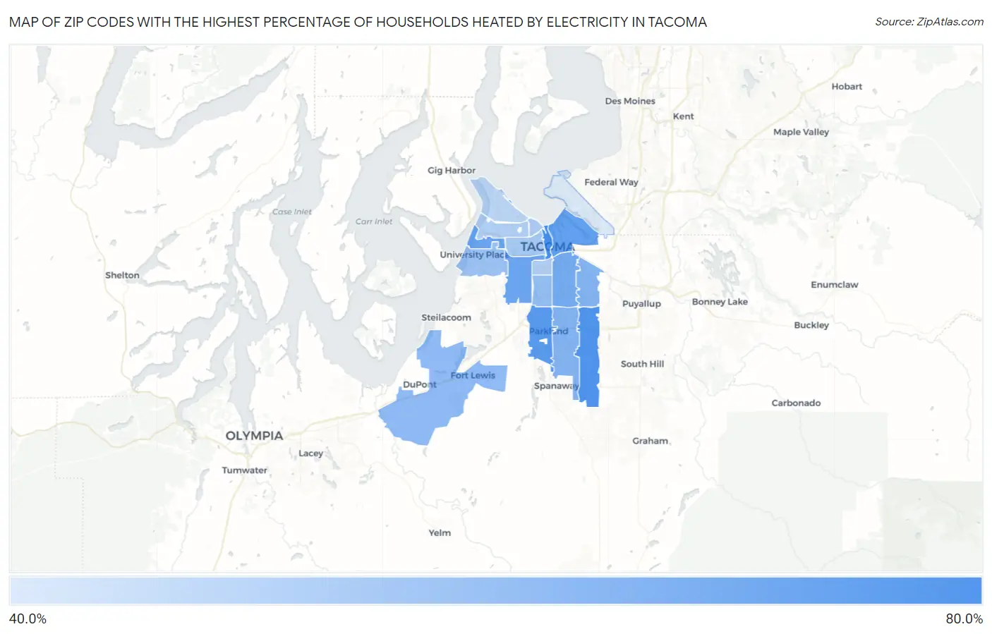 Zip Codes with the Highest Percentage of Households Heated by Electricity in Tacoma Map