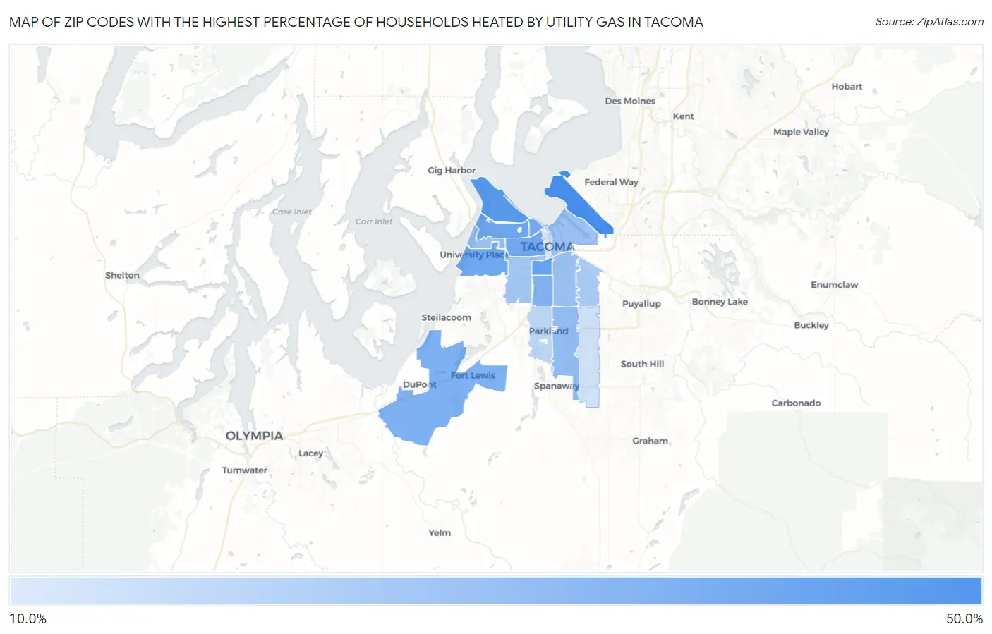 Zip Codes with the Highest Percentage of Households Heated by Utility Gas in Tacoma Map