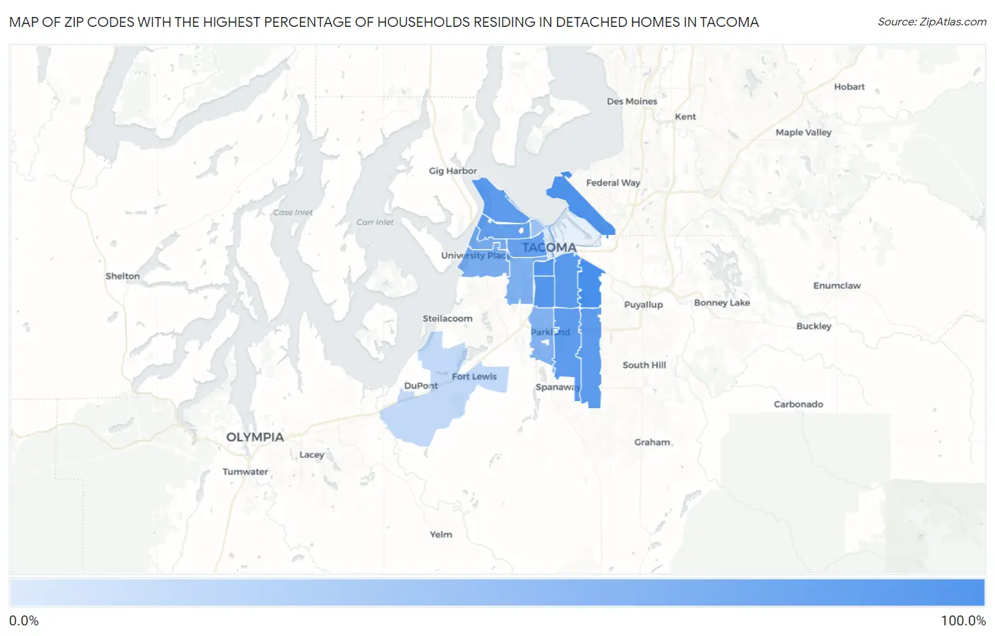 Zip Codes with the Highest Percentage of Households Residing in Detached Homes in Tacoma Map