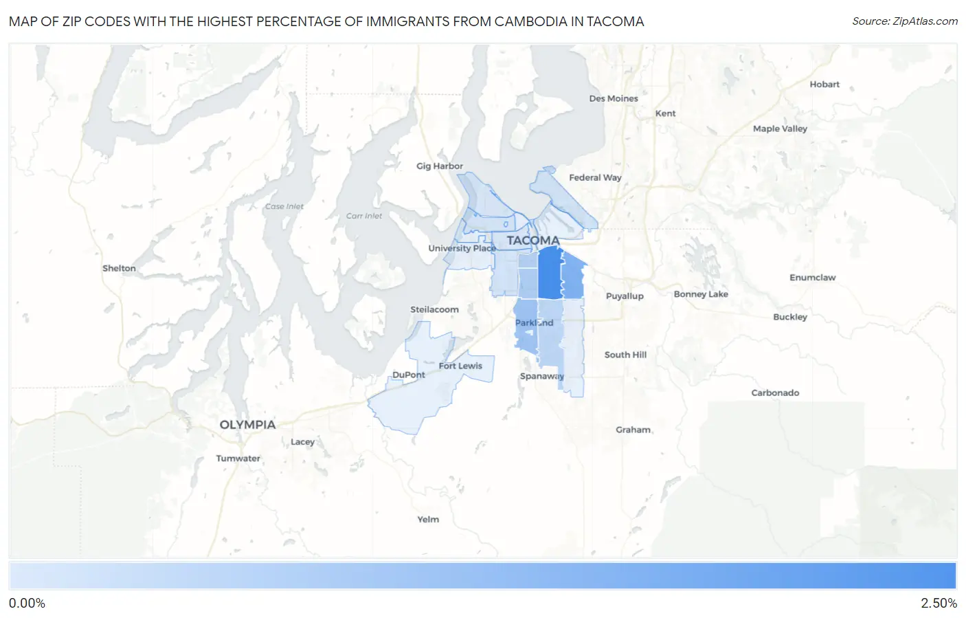 Zip Codes with the Highest Percentage of Immigrants from Cambodia in Tacoma Map