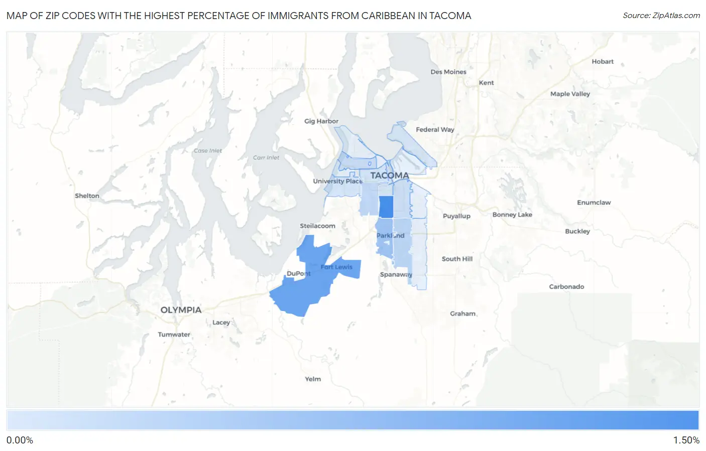 Zip Codes with the Highest Percentage of Immigrants from Caribbean in Tacoma Map