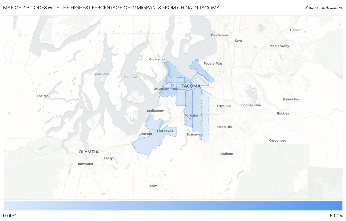 Zip Codes with the Highest Percentage of Immigrants from China in Tacoma Map