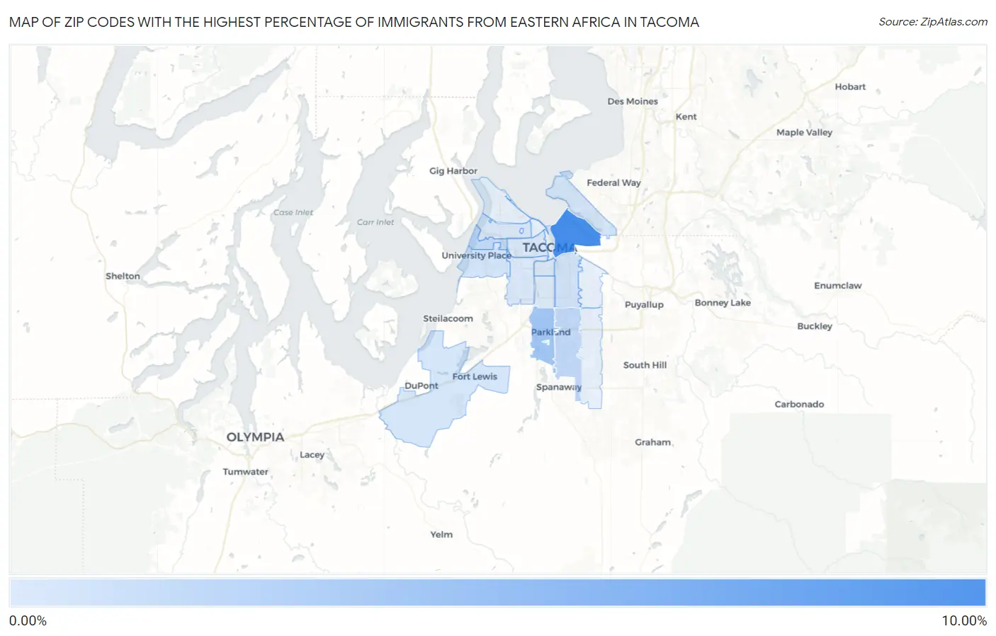 Zip Codes with the Highest Percentage of Immigrants from Eastern Africa in Tacoma Map