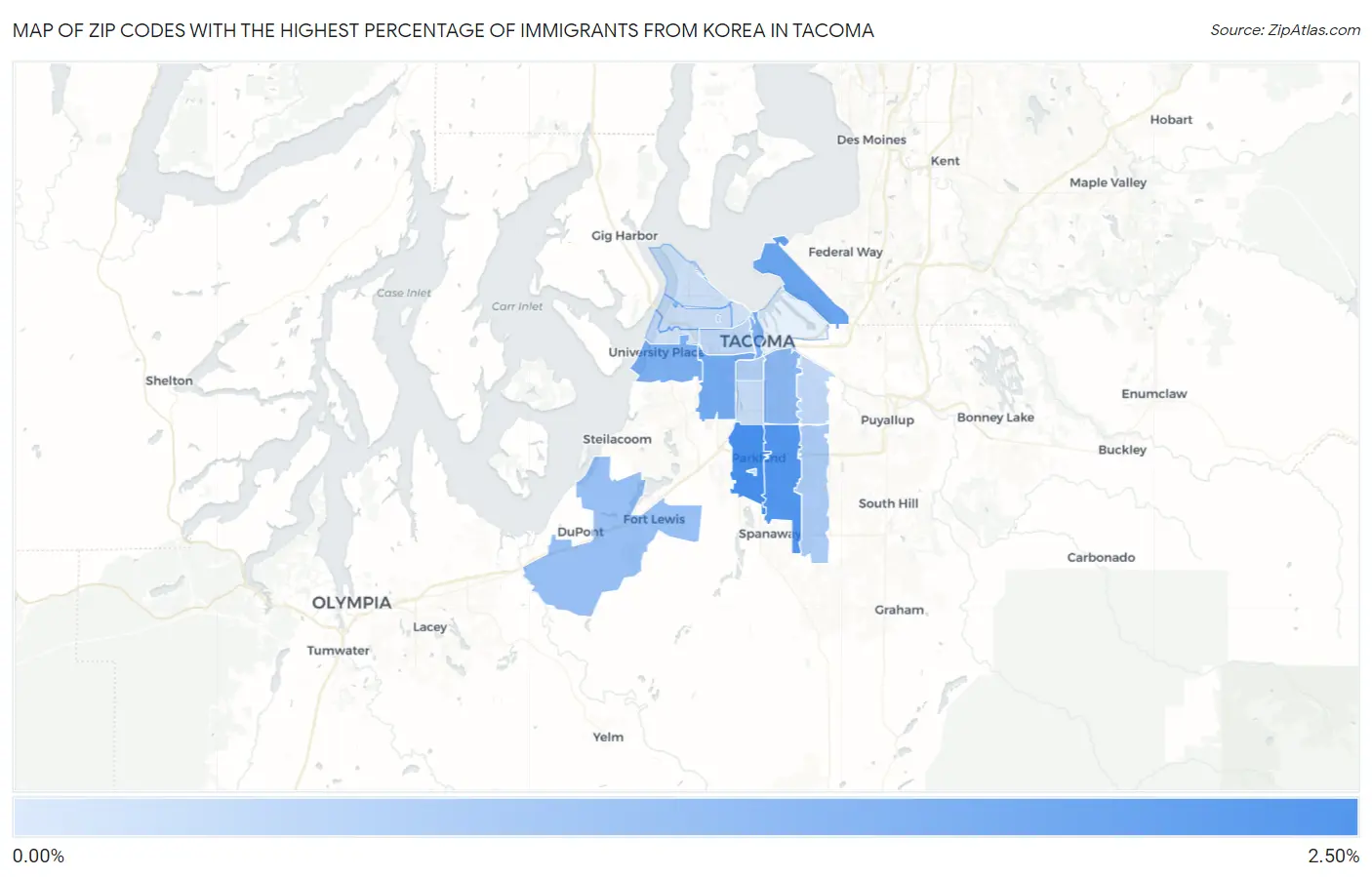 Zip Codes with the Highest Percentage of Immigrants from Korea in Tacoma Map