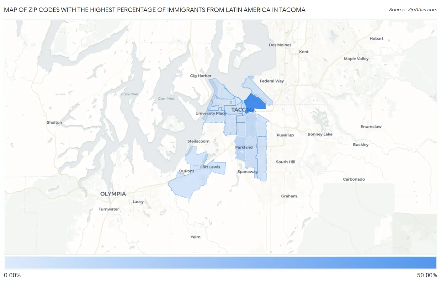 Zip Codes with the Highest Percentage of Immigrants from Latin America in Tacoma Map