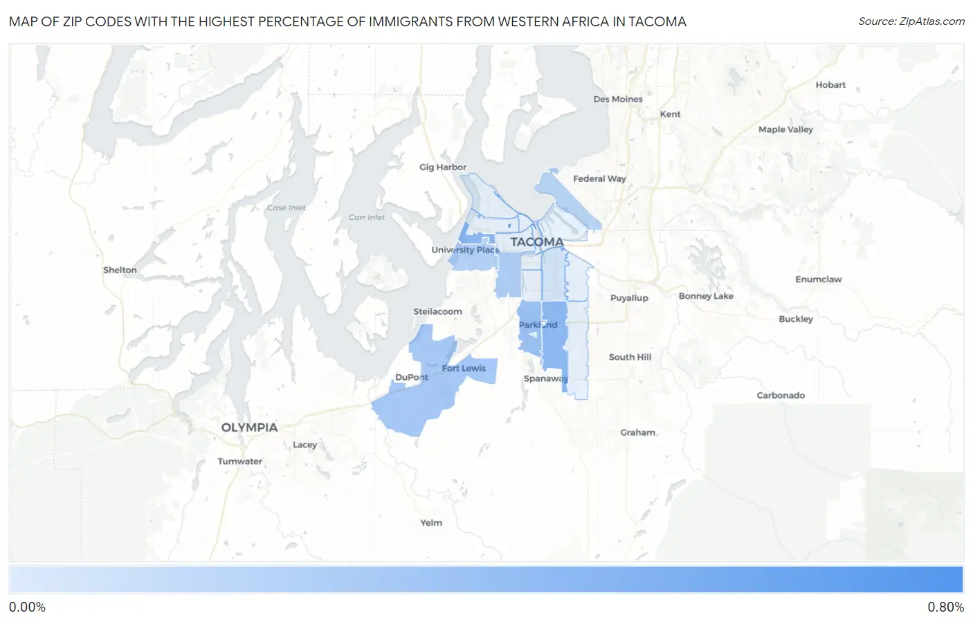 Zip Codes with the Highest Percentage of Immigrants from Western Africa in Tacoma Map