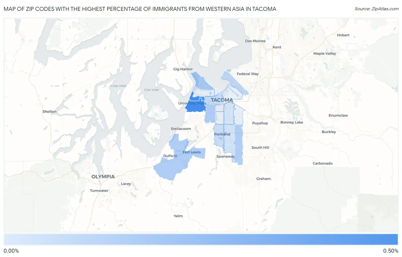 Zip Codes with the Highest Percentage of Immigrants from Western Asia in Tacoma Map
