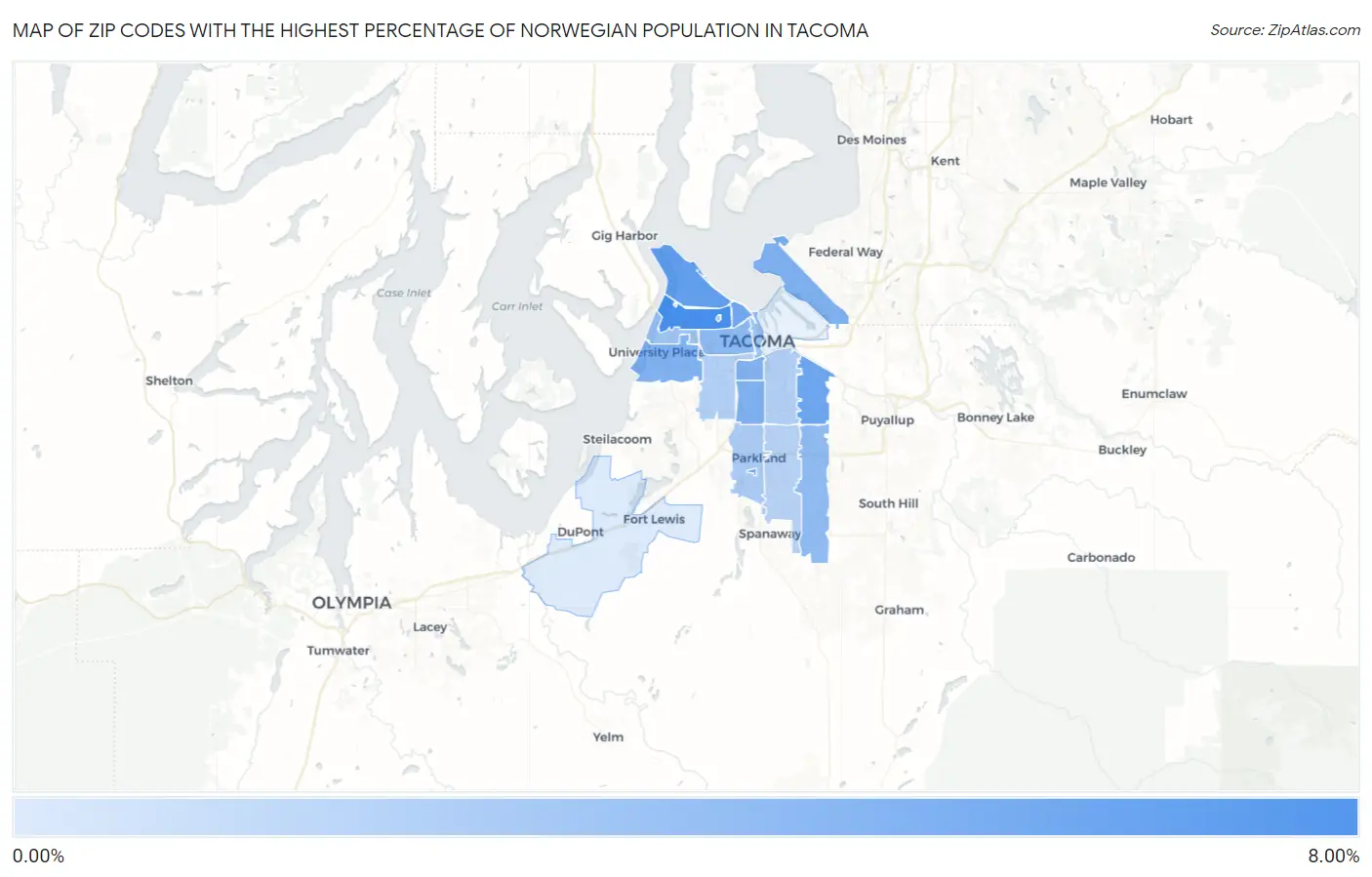 Zip Codes with the Highest Percentage of Norwegian Population in Tacoma Map